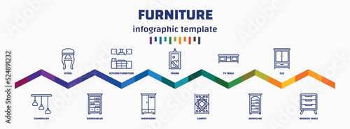 infographic template with icons and 11 options or steps. infographic for furniture concept. included stool, chandelier, kitchen furniture, bookshelve, frame, wardrobe, tv table, carpet, clo, bedside