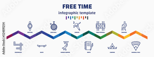 infographic template with icons and 11 options or steps. infographic for free time concept. included watches, crossword, disco ball, skate, concert, bungee jumping, table football, write, trekking,