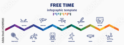 infographic template with icons and 11 options or steps. infographic for free time concept. included multitool, tennis racket, water gun, riding, paintball, hiking, baking, running man, fish tank,