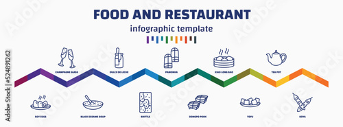 infographic template with icons and 11 options or steps. infographic for food and restaurant concept. included champagne glass, soy eggs, dulce de leche, black sesame soup, pamonha, brittle, xiao