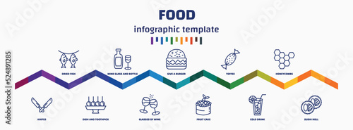 infographic template with icons and 11 options or steps. infographic for food concept. included dried fish, knifes, wine glass and bottle, dish and toothpick, give a burger, glasses of wine, toffee,
