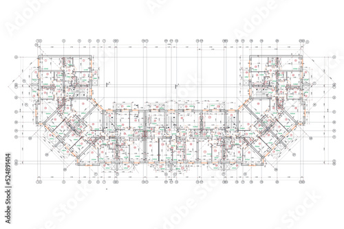 Apartment building detailed architectural technical drawing, vector blueprint floor layout