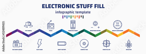 infographic template with icons and 11 options or steps. infographic for electronic stuff fill concept. included flip camera, old video camera, radio, blitz flash, computer tower, empty battery,