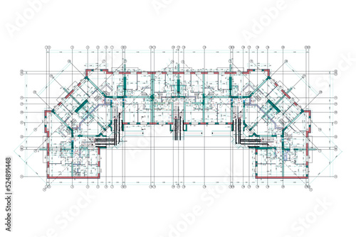 Apartment building detailed architectural technical drawing, vector blueprint floor layout