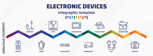 infographic template with icons and 11 options or steps. infographic for electronic devices concept. included connector, speakers, floppy, pertor, convection oven, video recorder, electric blanket,