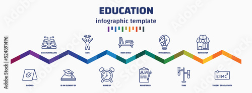 infographic template with icons and 11 options or steps. infographic for education concept. included data funnelling, booked, kids, is an element of, book shelf, wake up, intellectual, registered,