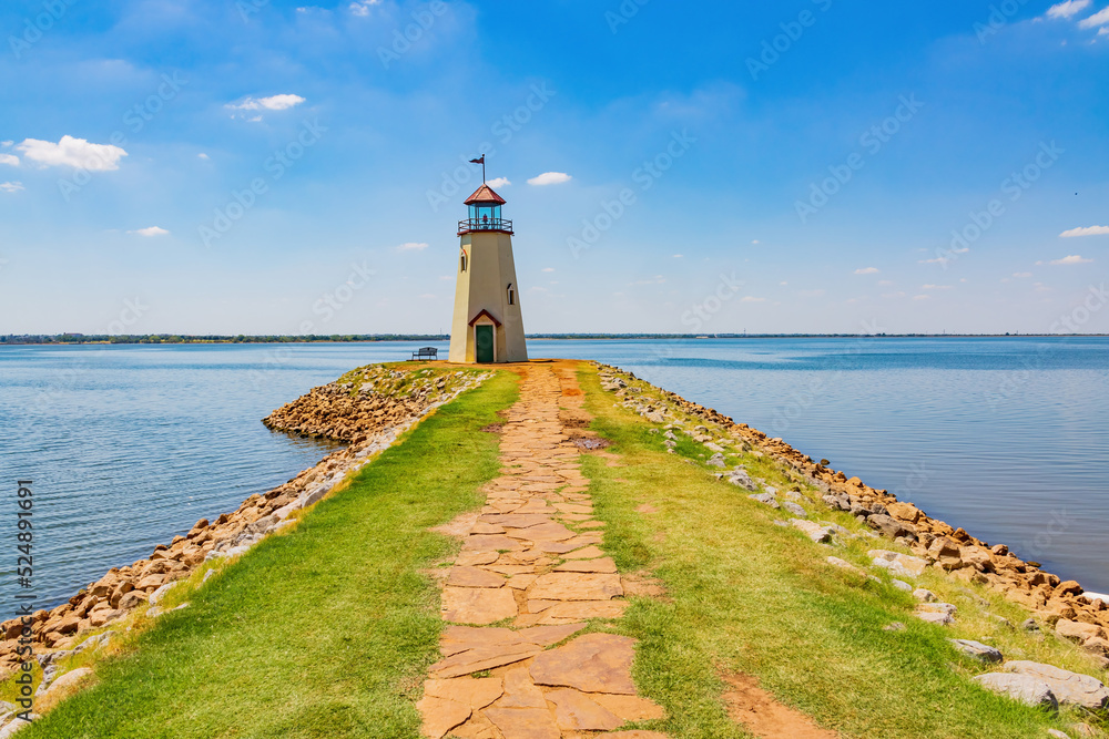 Sunny view of the Lake Hefner lighthouse