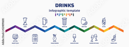infographic template with icons and 11 options or steps. infographic for drinks concept. included jigger, brandy glass, beer mug, wine list, paper cup, tequila sunrise, fruit juice, glass with wine,