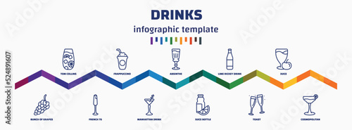infographic template with icons and 11 options or steps. infographic for drinks concept. included tom collins, bunch of grapes, frappuccino, french 75, absinthe, manhattan drink, lime rickey drink,
