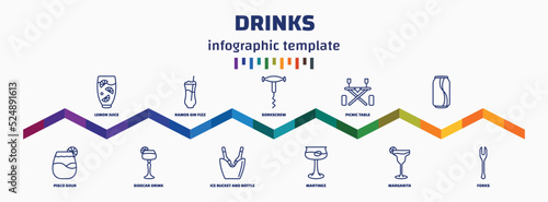 infographic template with icons and 11 options or steps. infographic for drinks concept. included lemon juice, pisco sour, ramos gin fizz, sidecar drink, sorkscrew, ice bucket and bottle, picnic