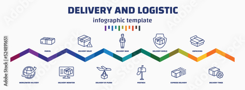 infographic template with icons and 11 options or steps. infographic for delivery and logistic concept. included parcel, worldwide delivery, delivery delay, monitor, man, by plane, shield, postbox,