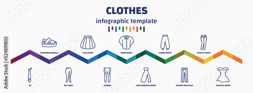 infographic template with icons and 11 options or steps. infographic for clothes concept. included platform sandals, tie, tulle skirt, slit skirt, denim shirt, leggins, harem pants, long bandeau