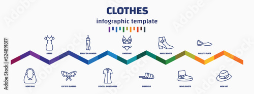 infographic template with icons and 11 options or steps. infographic for clothes concept. included drees, hobo bag, scarf on hanger, cat eye glasses, lingerine, lyocell shirt dress, ankle boots,