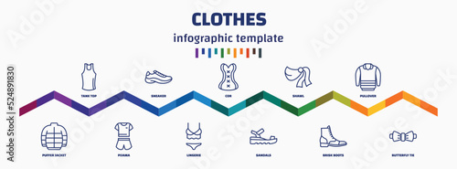 infographic template with icons and 11 options or steps. infographic for clothes concept. included tank top, puffer jacket, sneaker, pijama, cor, lingerie, shawl, sandals, pullover, butterfly tie
