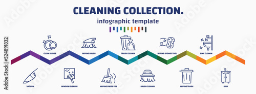 infographic template with icons and 11 options or steps. infographic for cleaning collection. concept. included clean dishes, vacuum, wiping brush, window cleanin, trash cleanin, wiping swipe for