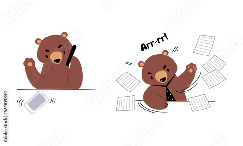 Bear character business activities set. Brown wild animal businessman working with papers and talking on phone cartoon vector illustration