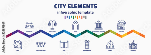 infographic template with icons and 11 options or steps. infographic for city elements concept. included cementery, park, street light, chair and table, arch, gate, government buildings, phone