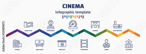infographic template with icons and 11 options or steps. infographic for cinema concept. included negative film, footage, ventriloquist, movie player, dvd, movie film, premiere, photograms, slide