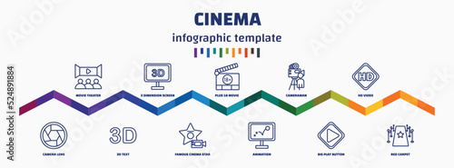 infographic template with icons and 11 options or steps. infographic for cinema concept. included movie theater, camera lens, 3 dimension screen, 3d text, plus 18 movie, famous cinema star,
