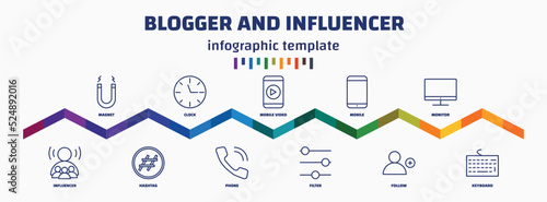 infographic template with icons and 11 options or steps. infographic for blogger and influencer concept. included magnet, influencer, clock, hashtag, mobile video, phone, mobile, filter, monitor,