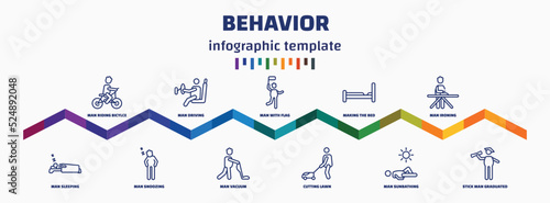 infographic template with icons and 11 options or steps. infographic for behavior concept. included man riding bicylce, man sleeping, man driving, snoozing, with flag, vacuum, making the bed,