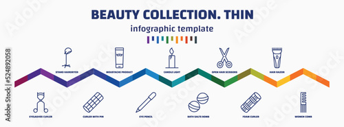 infographic template with icons and 11 options or steps. infographic for beauty collection. thin concept. included stand hairdryer, eyelashes curler, moustache product, curler with pin, candle