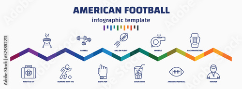 infographic template with icons and 11 options or steps. infographic for american football concept. included , first aid kit, barbell, running with the ball, ball on flight, glove for, whistle,