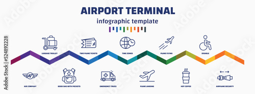 infographic template with icons and 11 options or steps. infographic for airport terminal concept. included luggage trolley, air company, two plane tickets, book bag with pockets, time zones,