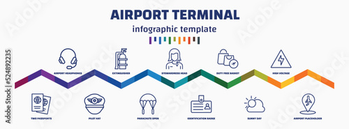 infographic template with icons and 11 options or steps. infographic for airport terminal concept. included airport headphones, two passports, extinguisher, pilot hat, stewardress head, parachute photo