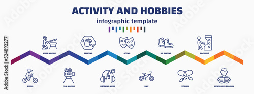 infographic template with icons and 11 options or steps. infographic for activity and hobbies concept. included knife making, biking, greeting, film making, acting, listening music, ice skating,