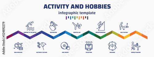 infographic template with icons and 11 options or steps. infographic for activity and hobbies concept. included jumping to the water, dish washing, beatboxing, butterfly catcher, martial art, disc