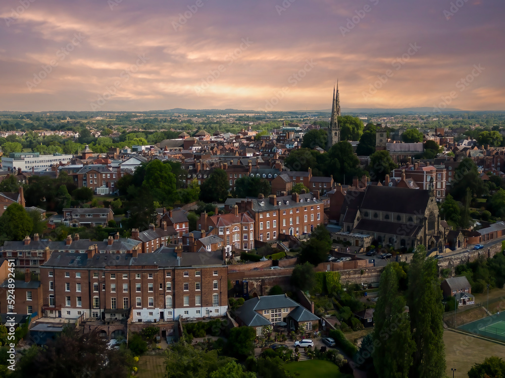 An aerial view of the market town of Shrewsbury in Shropshire, UK