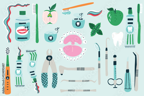 Dental accessories kit for cleaning and treating teeth elements in isolated blue background. Vector naive cartoon modern flat style clipart