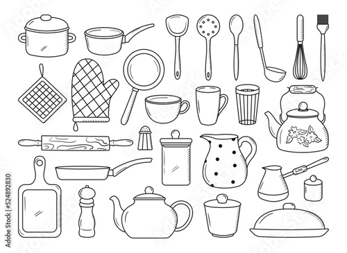 Set of outline kitchen tools doodles. Hand drawn silhouettes of vintage kitchenware. Pan, spoon, spatula, teapot, cup, cutting board, plate, jar icons in line style. Tableware items vector collection