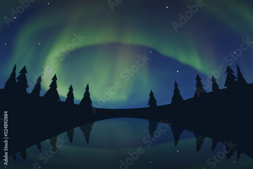 Northern lights, Aurora borealis in arctic night sky with stars, trees, reflected in the water. Vector illustration of polar lights.