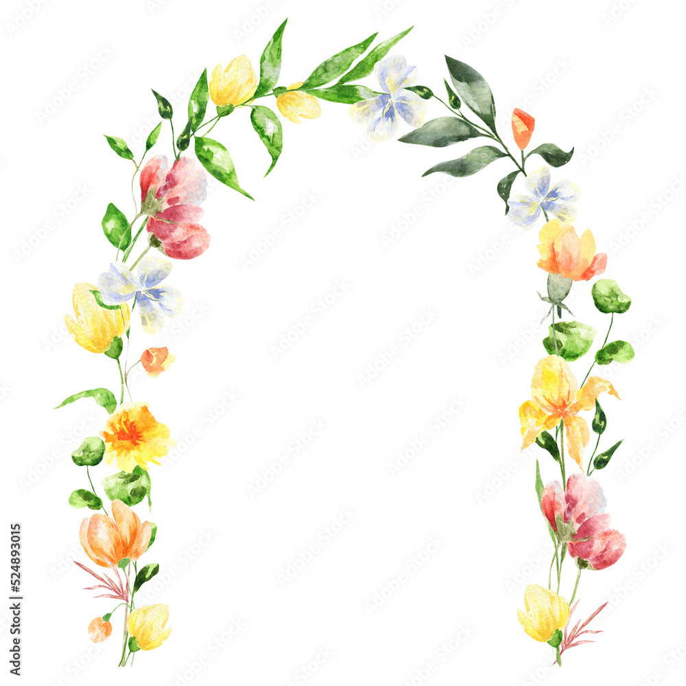 Naklejka premium Watercolor floral wreath with garden flowers.Abstract invitation design with leaves,flowers and tvigs .Herbal minimalistic frame.Greenery wedding round invitation.