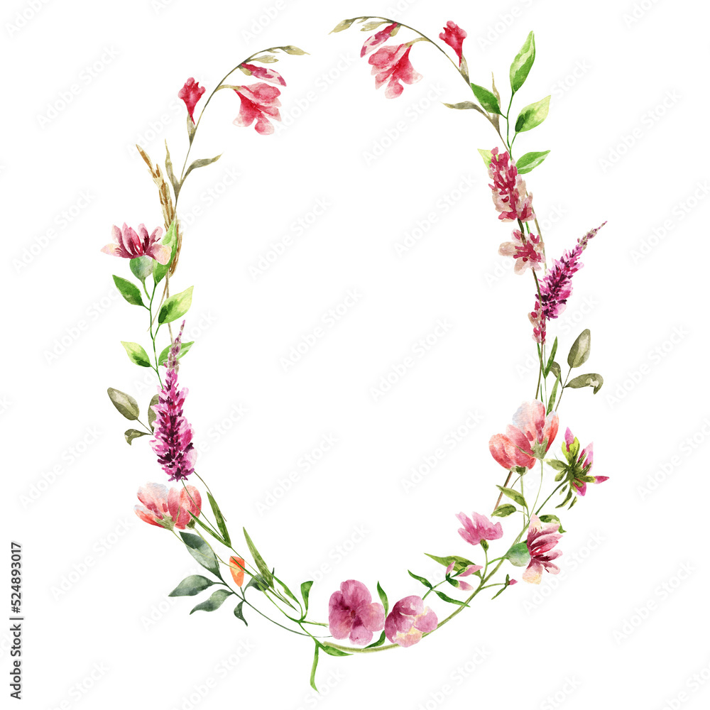 Obraz premium Watercolor floral wreath with garden flowers.Abstract invitation design with leaves,flowers and tvigs .Herbal minimalistic frame.Greenery wedding round invitation.