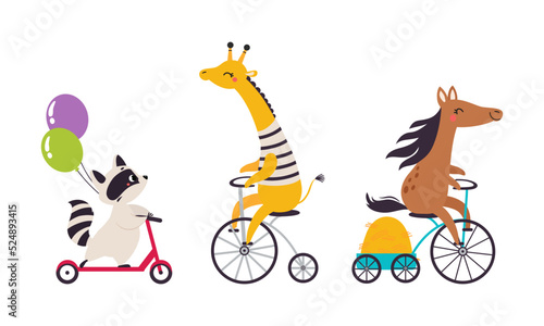 Cute baby animals enjoying ride. Giraffe and horse on bike, raccoon on kick scooter cartoon vector illustration