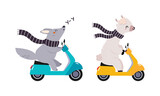 Cute baby animals enjoying ride. Wolf and lamb riding motorbikes cartoon vector illustration