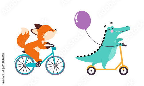 Cute baby animals enjoying ride. Squirrel on bike, crocodile on kick scooter cartoon vector illustration