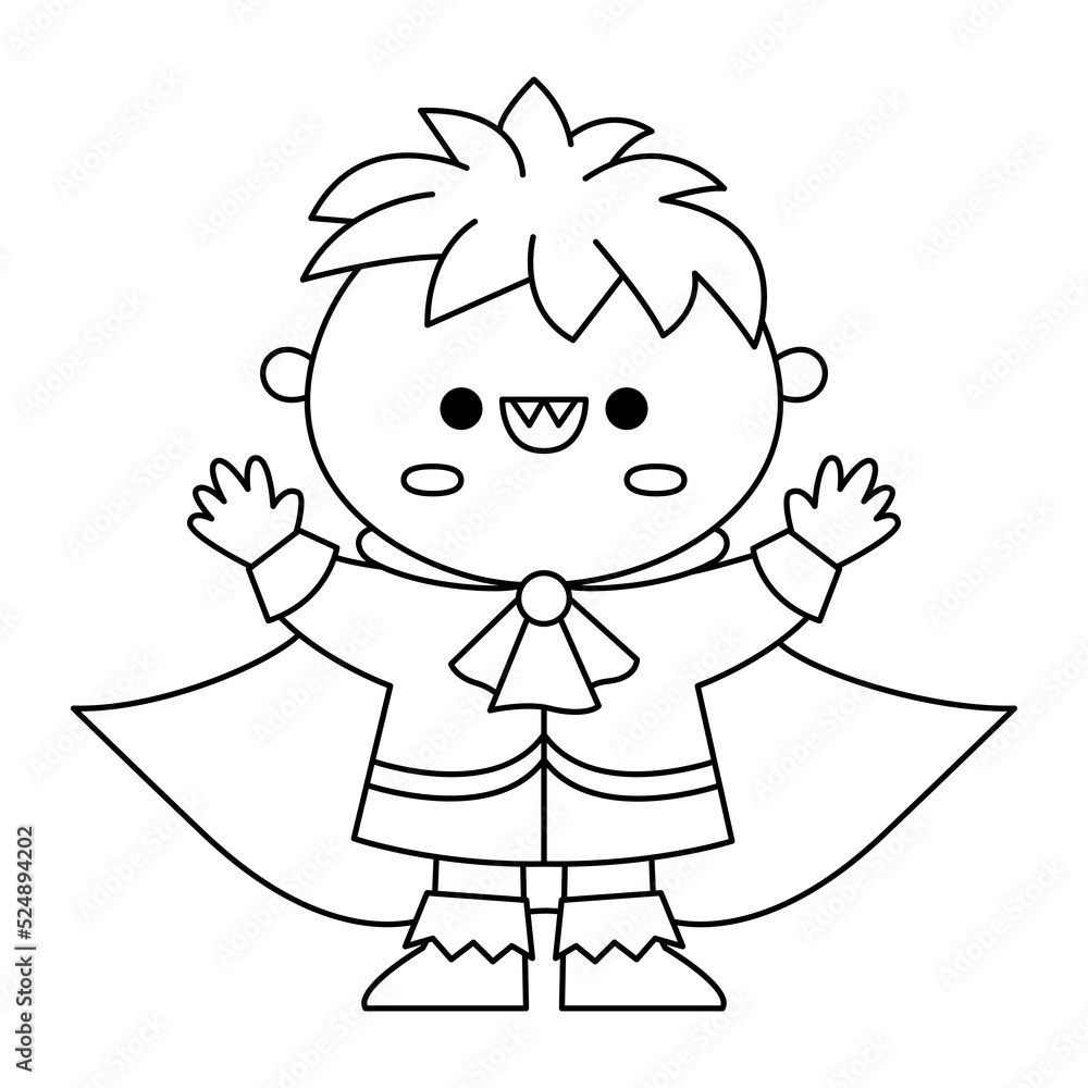 Fototapeta premium Vector black and white kawaii vampire. Cute smiling Halloween line character for kids. Funny autumn all saint day cartoon illustration with boy Dracula. Samhain party icon or coloring page .
