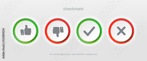 Checkmark, confirm, approve, appreciate, like symbol. Decline, reject, deny, dislike label badge flag button for mobile app, website, UI UX, promotion. High quality vector illustration EPS10