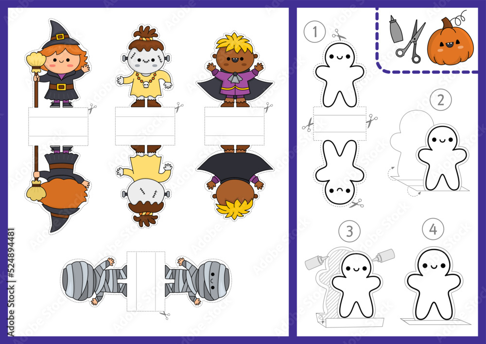 Vector Halloween paper dolls set. Cute finger puppets or chips with witch, vampire, monster, mummy for kids. Autumn or fall holiday cut out craft cards. Simple printable game with instruction.