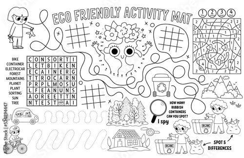 Vector ecological placemat for kids. Eco awareness printable activity mat with maze, tic tac toe charts, connect the dots, find difference. Earth day black and white play mat or coloring page.
