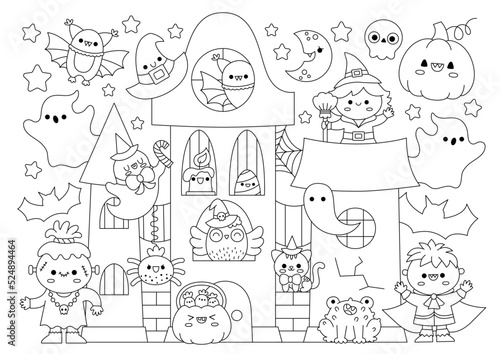 Vector Halloween horizontal line coloring page for kids with cute kawaii characters. Black and white autumn holiday illustration with witch, vampire, ghost, pumpkin. Funny searching poster.