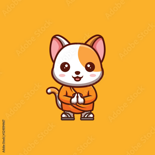 White Cat Monk Cute Creative Kawaii Cartoon Mascot Logo