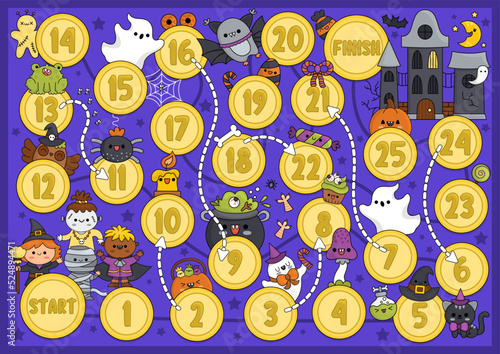 Halloween board game for children with haunted house and cute kawaii children. Autumn holiday party boardgame with witch, vampire, ghost, bat. Printable activity with spooky cottage.
