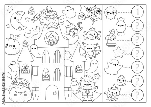 Vector black and white Halloween searching game with haunted house and kawaii characters. Spot hidden objects, say how many. Simple autumn holiday seek and find counting coloring page. © Lexi Claus