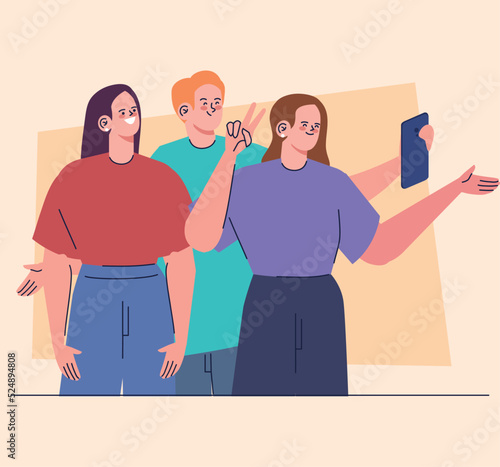 three persons taking a selfies