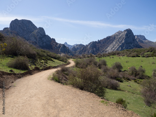 Dirt road to mountains with green grass meadows and blue sky